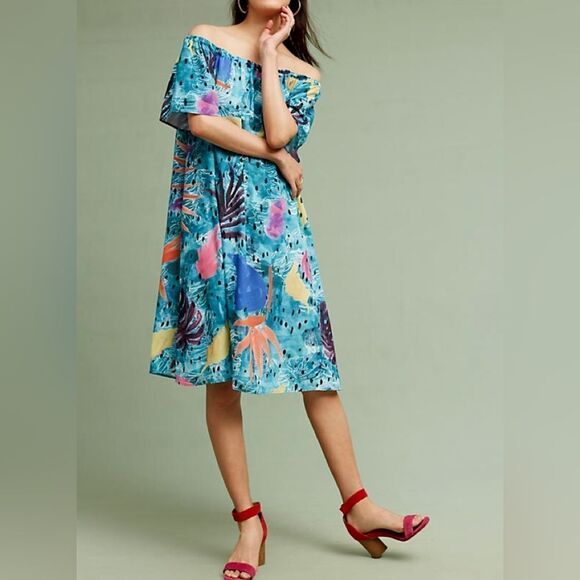 Anthropologie CE Christina Economou Midi Dress Pacific‎ Off The Shoulder Blue S - Picture 1 of 9